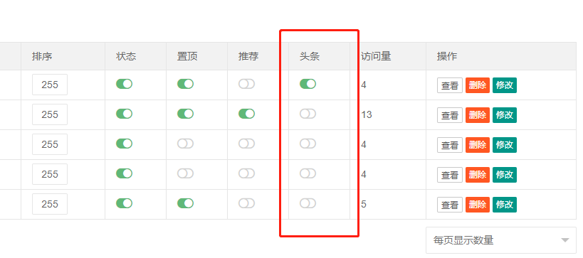 pbootcms后台内容列表显示【头条】开关(图1)