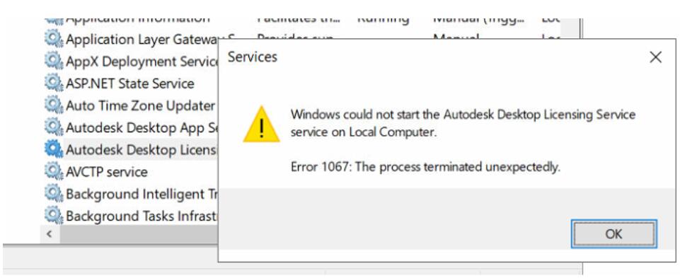 启动Autodesk Desktop Licensing Service时出现错误1067:进程意外终止怎么办(图1) 启动Autodesk Desktop Licensing Service时出现错误1067:进程意外终止怎么办(图1)